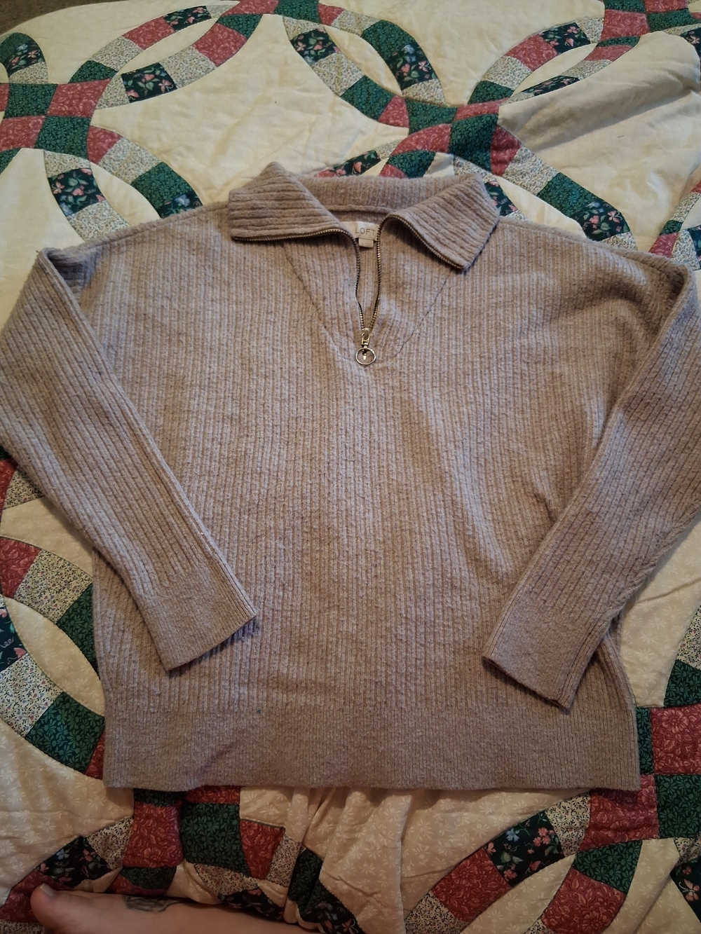 LOFT Taupe Ribbed Half-Zip Sweater